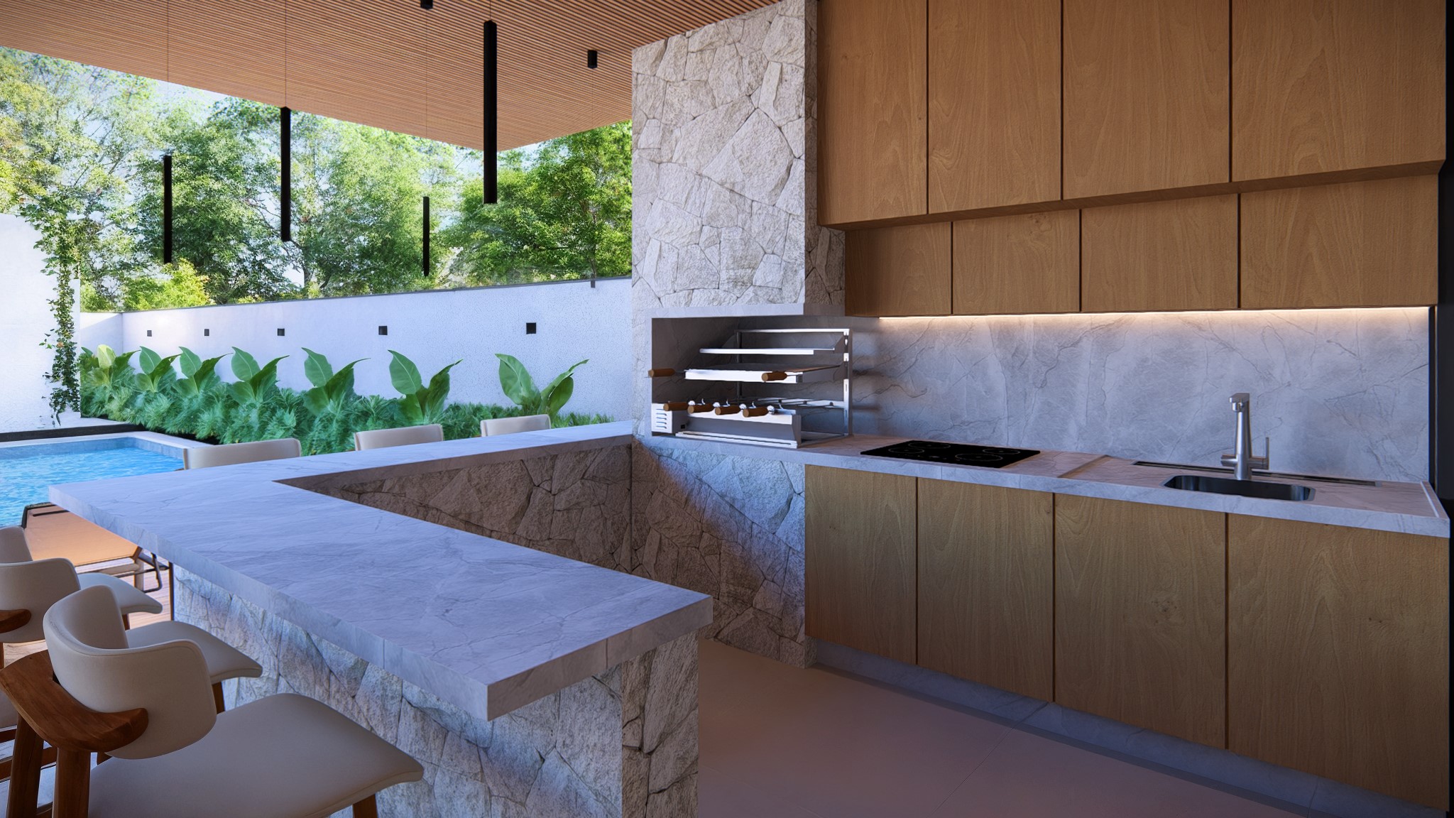 Área gourmet com pedra natural — design de interiores em Araçatuba/SP